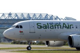 A picture taken on September 27, 2019 at the Airbus delivery center in Colomiers, southwestern France shows a logo of SalamAir low cost airline based in Oman. (Photo by PASCAL PAVANI / AFP)